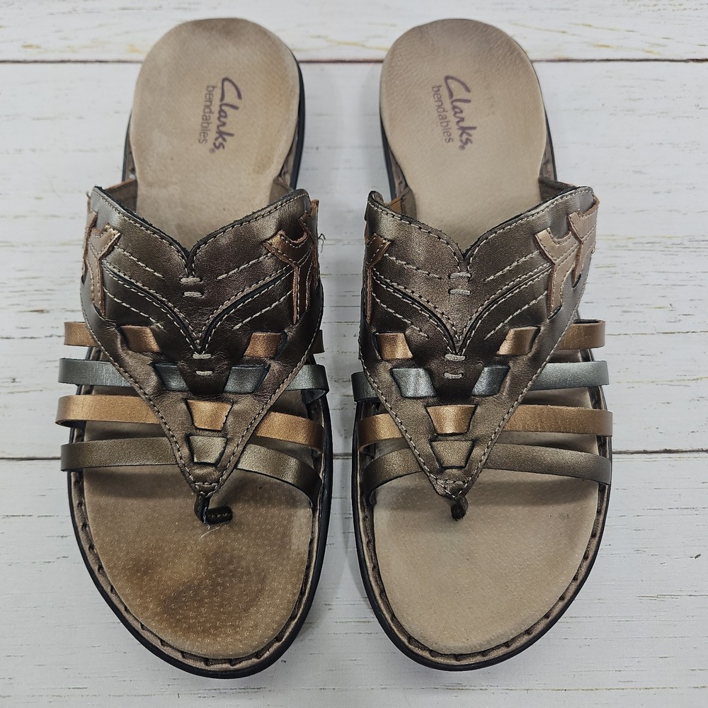 Clarks Bendable Women 9.5 Brown Leather Metallic Wedge Toe Post Sandal Shoes - Picture 2 of 10